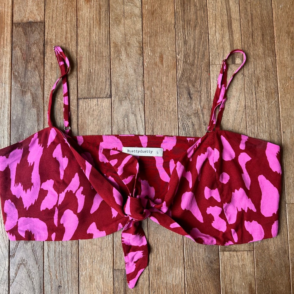 Y2K Festival‎ Crop Top Womens Large Front Tie Abstract Print Red Pink Summer